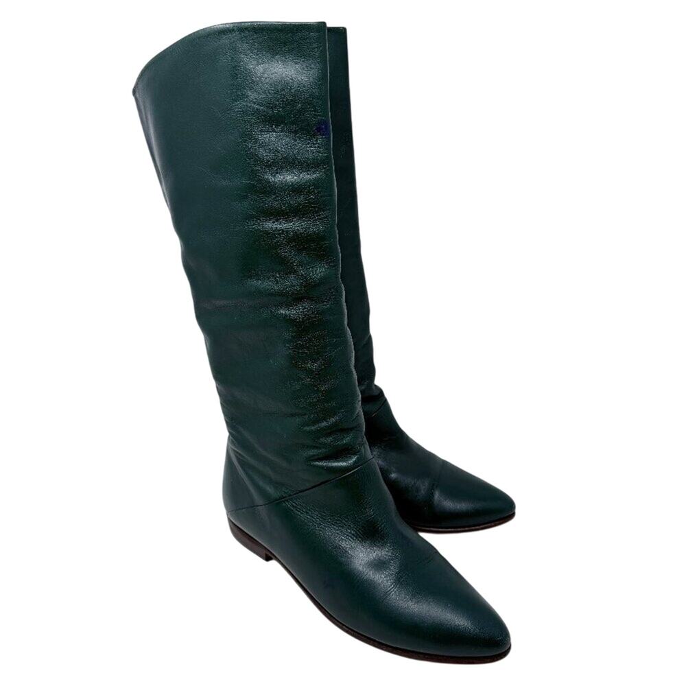 Vintage Dark Green Leather Flat Boots Women's Size 9-10 Pull On Made in Uruguay